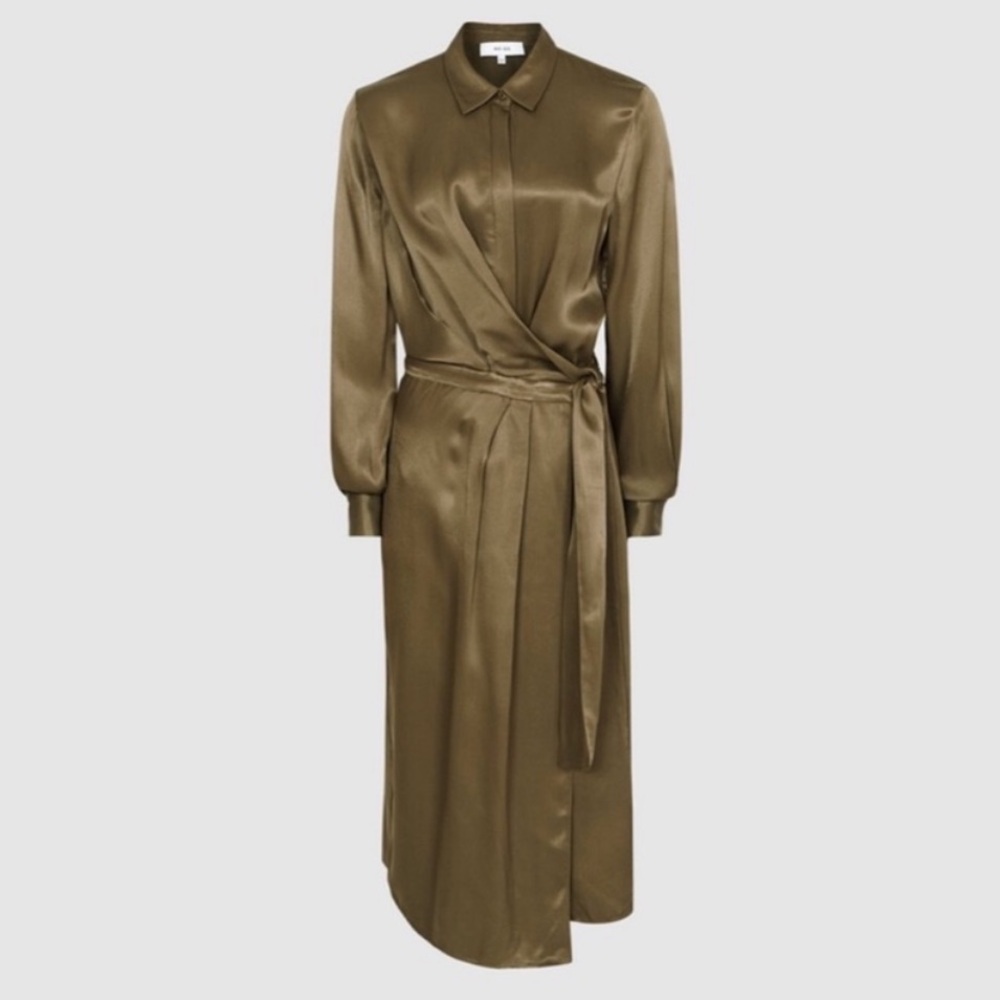 Reiss Satin Olive Long Sleeve Dress